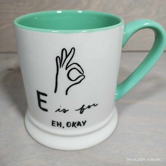 E is for Eh, okay. Indigo mug E names okay symbol. Bright teal - Picture 2 of 13